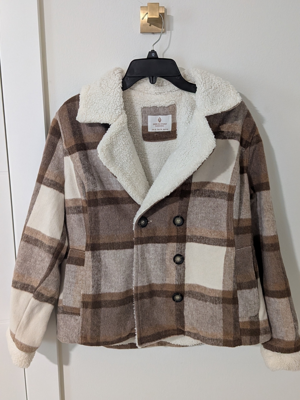 Plaid Sherpa-Lined Coat Jacket - Brown/Cream XL